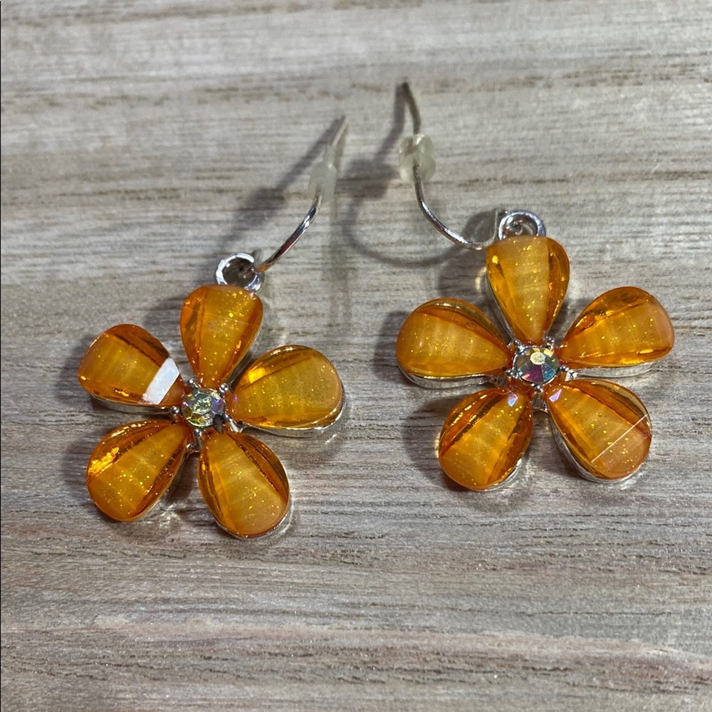 Vibrant Orange and Silver Floral Dangle Earrings